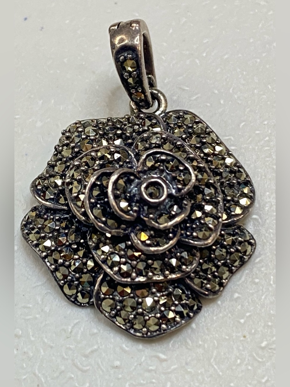 Sterling Silver Marcasite Rose Flower  Enhancer Pendant Vintage 11.2g
